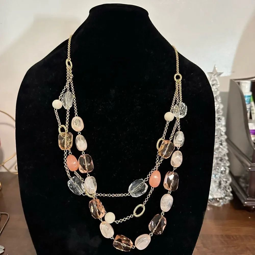 Talbots Necklace Gold Tone Chain Peach Clear Beads